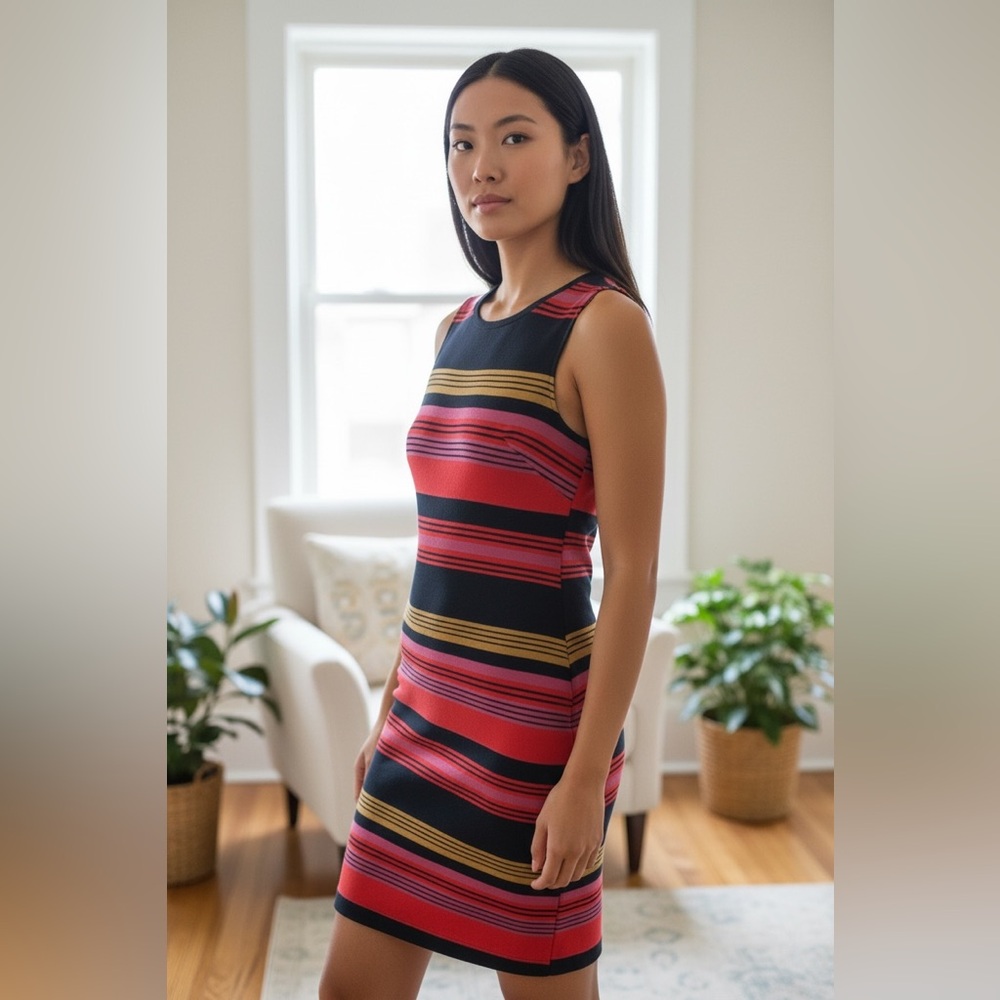 Ann Taylor LOFT Striped Sleeveless Midi Shift Dress Red,Pink and Black EUC!